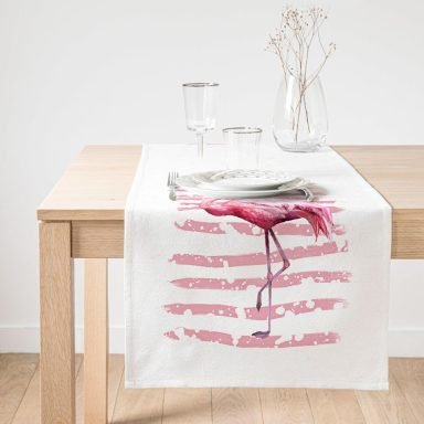 Realhomes Pudra Çizgi Desenli Flamingo BAskılı Dekoratif Süet Runner