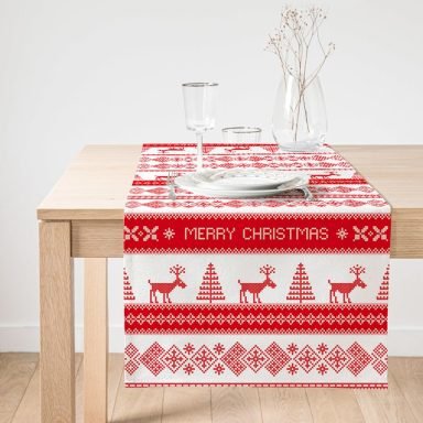 Realhomes Merry Christmas Kanaviçe Görünümlü Geyikler Baskılı Özel Tasarım Süet Runner
