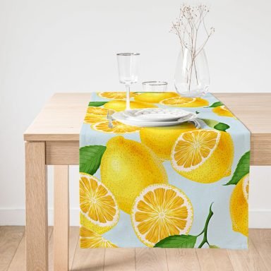 Realhomes Mavi Zeminli Limon Desenli Dekoratif Süet Runner