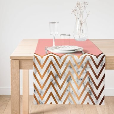 Realhomes Gold ve Pembe Renkli Mermer Desenli Modern Süet Runner