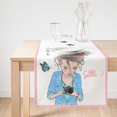 Realhomes Özel Tasarım Smile Take Up Desenli Dekoratif Özel Tasarım Süet Runner