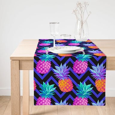 Realhomes Mavi Zigzag Zeminli Ananas Desenli Dekoratif Süet Runner