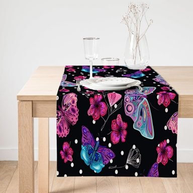 Realhomes Siyah Zeminde Butterfly Dijital Baskılı Modern Süet Runner