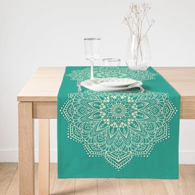 Realhomes Turkuaz Zeminde Mandala Baskılı Modern Süet Runner