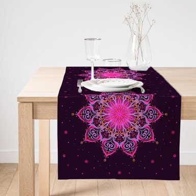 Realhomes Siyah Zeminde Pembe Neon Mandala Desenli Dekoratif Süet Runner