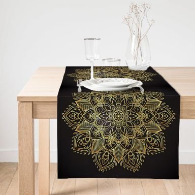 Realhomes Siyah Zeminde Gold Mandala Motifli Süet Runner