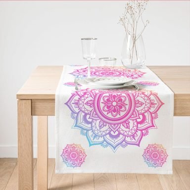 Realhomes Beyaz Zeminde Pembe Mavi Mandala Desenli Özel Tasarım Süet Runner