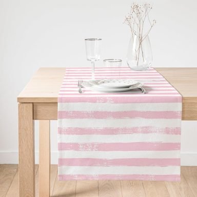 Realhomes Pembe Çizgili Motifli Dekoratif Modern Süet Runner