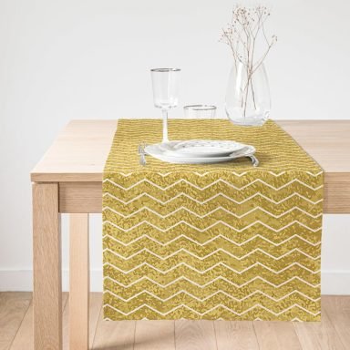 Realhomes Gold Zemin Üzerinde Beyaz Geometrik Çizimli Dijital Baskılı Özel Tasarım Süet Runner