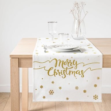 Realhomes Beyaz Zeminli Gold Detaylı Kartaneli Merry Christmas Yazılı Özel Tasarım Süet Runner