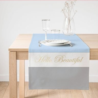 Hello Beautiful Mavi & Gri  Dijital Baskılı Dekoratif Süet Runner