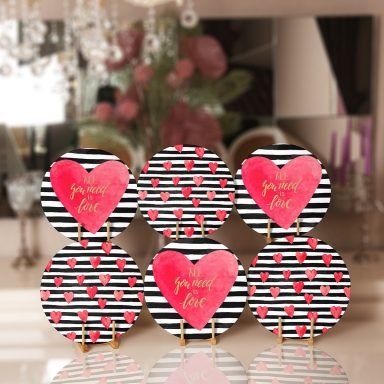 6'lı Siyah Beyaz Çizgili Kalp Tasarımlı Aşk Temalı Servis Altlığı & Supla