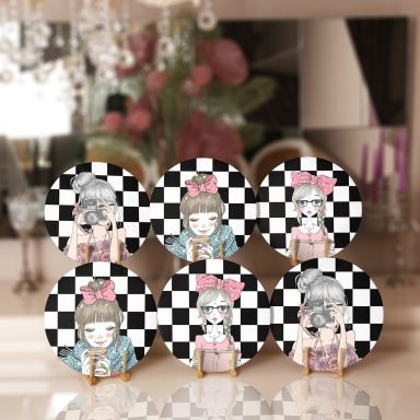 6'lı Kareli Dama Zemin Sevimli Kız Tasarımlı Servis Altlığı & Supla