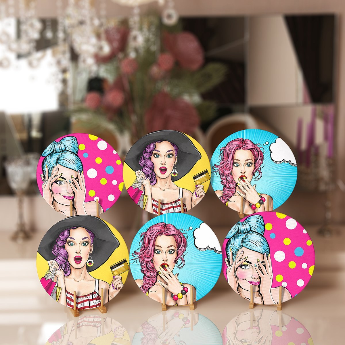 Supla6li-Set464-6li-Ozel-Tasarim-Pop-Art-Kiz-Desenli-Servis-Altligi-Supla