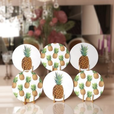 6'lı Beyaz Zeminde Ananas Desenli Servis Altlığı & Supla
