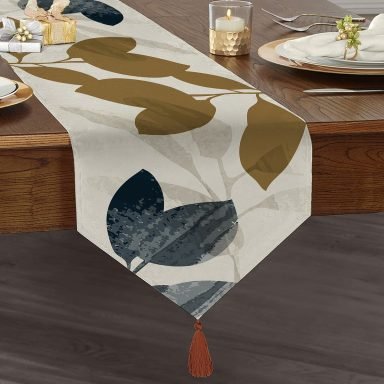 Özel Tasarım Yaprak Motifli Dijital Baskılı Modern Püsküllü Şönil Üçgen Runner