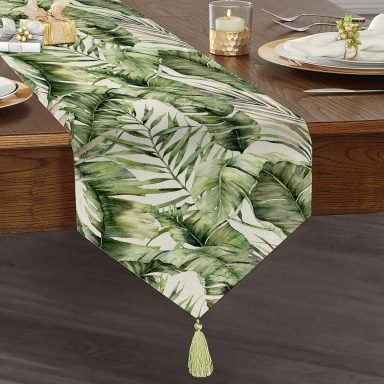 Yeşil Tropik Yapraklar Tasarımlı Dijital Baskılı Dekoratif Püsküllü Şönil Üçgen Runner