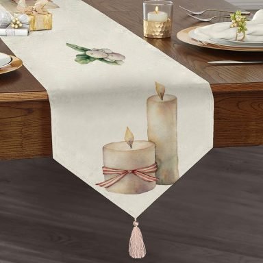 Özel Tasarım Mum Motifli Dijital Baskılı Dekoratif Püsküllü Şönil Üçgen Runner