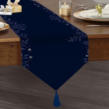 Lacivert Zeminli Çiçek Çerçeveli Dijital Baskılı Dekoratif Püsküllü Şönil Üçgen Runner