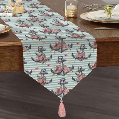 Mavi Çizgili Çapa Tasarımlı Dijital Baskılı Dekoratif Püsküllü Şönil Üçgen Runner