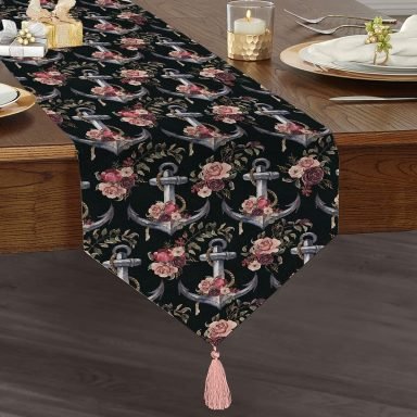 Siyah Zemin Çapa Motifli Dijital Baskılı Modern Püsküllü Şönil Üçgen Runner