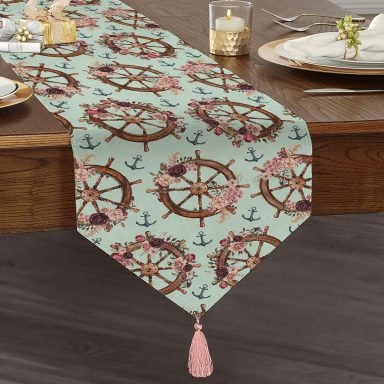 Mint Yeşili Zeminli Dümen Tasarımlı Dijital Baskılı Dekoratif Püsküllü Şönil Üçgen Runner