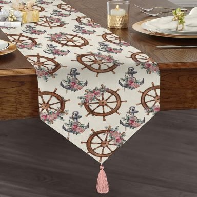 Beyaz Zemin Çapa & Dümen Tasarımlı Dijital Baskılı Dekoratif Püsküllü Şönil Üçgen Runner