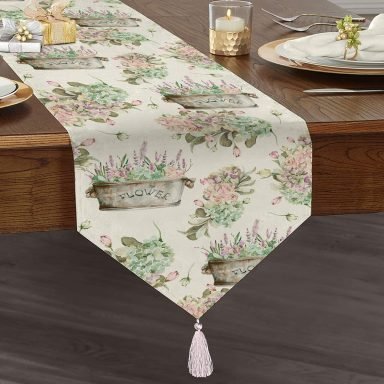 Flower & Çiçek Demetleri Özel Tasarım Dijital Baskılı Dekoratif Püsküllü Şönil Üçgen Runner