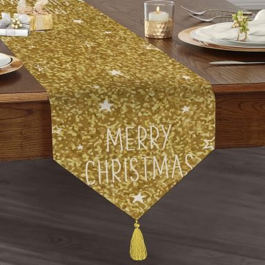 Realhomes Gold Zeminde Merry Christmas Yazılı Dijital Baskılı Özel Tasarım Püsküllü Şönil Üçgen Runner
