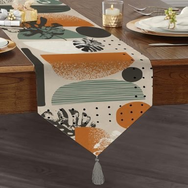 Realhomes Pastel Zeminli Yaprak Desenli Dijital Baskılı Özel Tasarım Püsküllü Şönil Üçgen Runner
