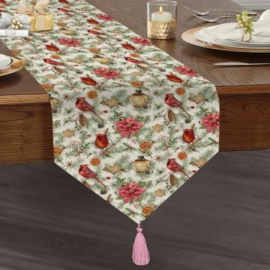 Realhomes Beyaz Zemin Üzerinde Çiçek Desenli Dijital Baskılı Özel Tasarım Püsküllü Şönil Üçgen Runner