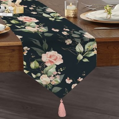 Realhomes Renkli Zemin Üzerinde Beyaz Çiçek Desenli Dijital Baskılı Özel Tasarım Püsküllü Şönil Üçgen Runner