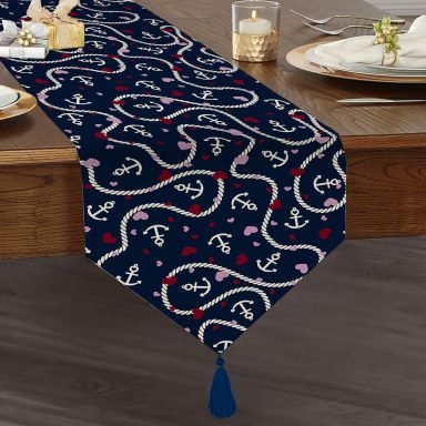 Realhomes Renkli Zemin Üzerinde Çapa Ve Halat Desenli Dijital Baskılı Özel Tasarım Püsküllü Şönil Üçgen Runner