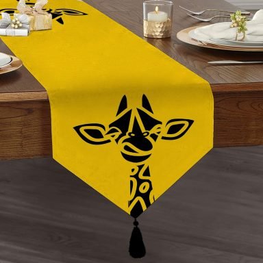 Realhomes Renkli Zemin Üzerinde Onedraw Çizimli Zurafa Silüeti Dijital Baskılı Özel Tasarım Püsküllü Şönil Üçgen Runner