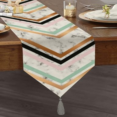Realhomes Renkli Geometrik Desenli Mermer Motifli Dijital Baskılı Özel Tasarım Püsküllü Şönil Üçgen Runner