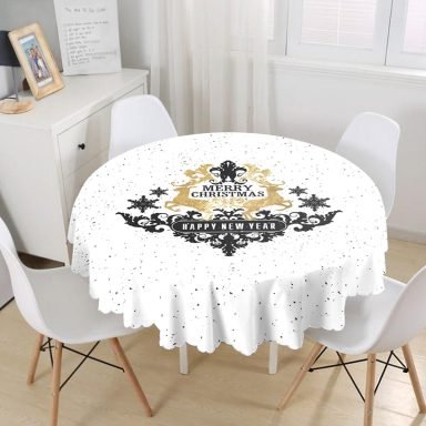 Siyah Beyaz Geyikli Mery Christmas Motifli Dijital Baskılı Modern Yuvarlak Masa Örtüsü - Çap 140cm