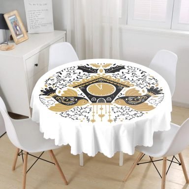 Çini Çizimli Guguklu Saat Motifli Dijital Baskılı Yuvarlak Masa Örtüsü - Çap 140cm