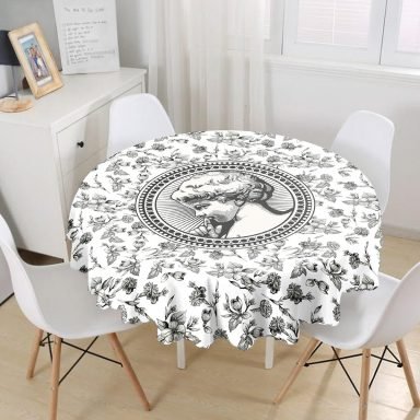 Karakalem Çiçek & Portre Desenli Dijital Baskılı Yuvarlak Masa Örtüsü - Çap 140cm