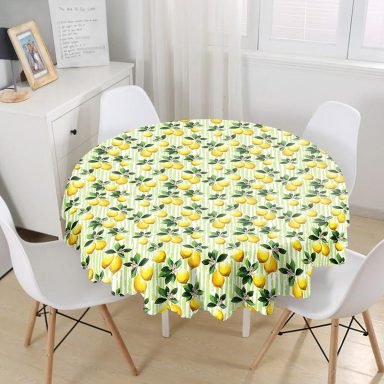 Yeşil Zeminli 3 Boyutlu Limon Desenli Dijital Baskılı Yuvarlak Masa Örtüsü - Çap 140cm