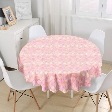 Pudra Zeminli Ogea Desenli Özel Tasarım Modern Yuvarlak Masa Örtüsü - Çap 140cm