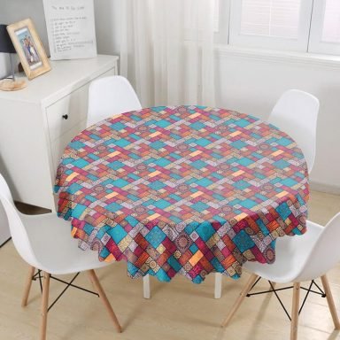 Geometrik Etnik Desenli Özel Tasarım Yuvarlak Masa Örtüsü - Çap 140cm