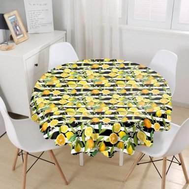 Çizgili Siyah Zeminli Limon Desenli Yuvarlak Masa Örtüsü - Çap 140cm