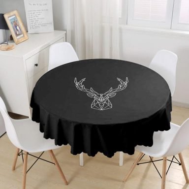 Siyah Zeminli Geometrik Geyik Çizimli Modern Yuvarlak Masa Örtüsü - Çap 140cm