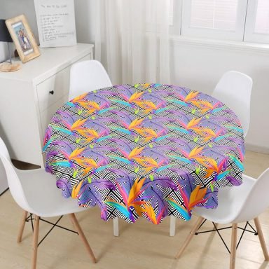 Geometrik Zeminde Tropikal Yapraklar Özel Tasarım Yuvarlak Masa Örtüsü - Çap 140cm