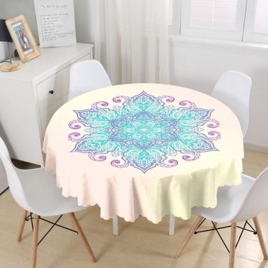 Pembe Zeminde Mavi Mandala Çizimli Modern Yuvarlak Masa Örtüsü - Çap 140cm