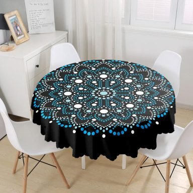 Siyah Zeminde Mavi Boncuklu Mandala Yuvarlak Masa Örtüsü - Çap 140cm