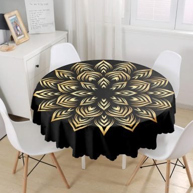 Siyah Zeminde Gold Mandala Motifli Yuvarlak Masa Örtüsü - Çap 140cm
