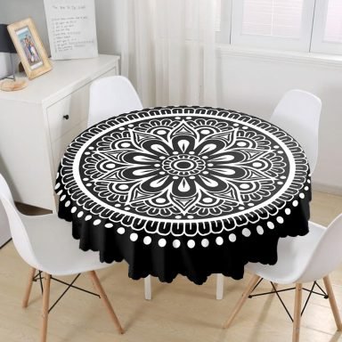 Siyah Beyaz Çiçek Desenli Mandala Motifli Yuvarlak Masa Örtüsü - Çap 140cm
