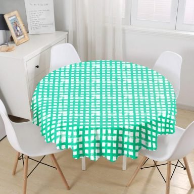 Yeşil Zeminde Geometrik Kare Motifli Yuvarlak Masa Örtüsü - Çap 140cm