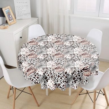 Leopar Baskılı İkat Desenli Modern Yuvarlak Masa Örtüsü - Çap 140cm